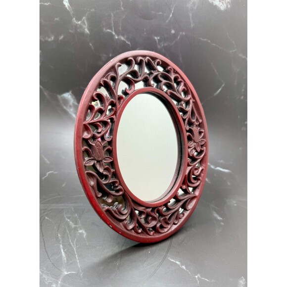 Vintage Ornate Carved Oval Faux Wood Framed Mirror 8" X 6.25" Stands - Picture 1 of 7
